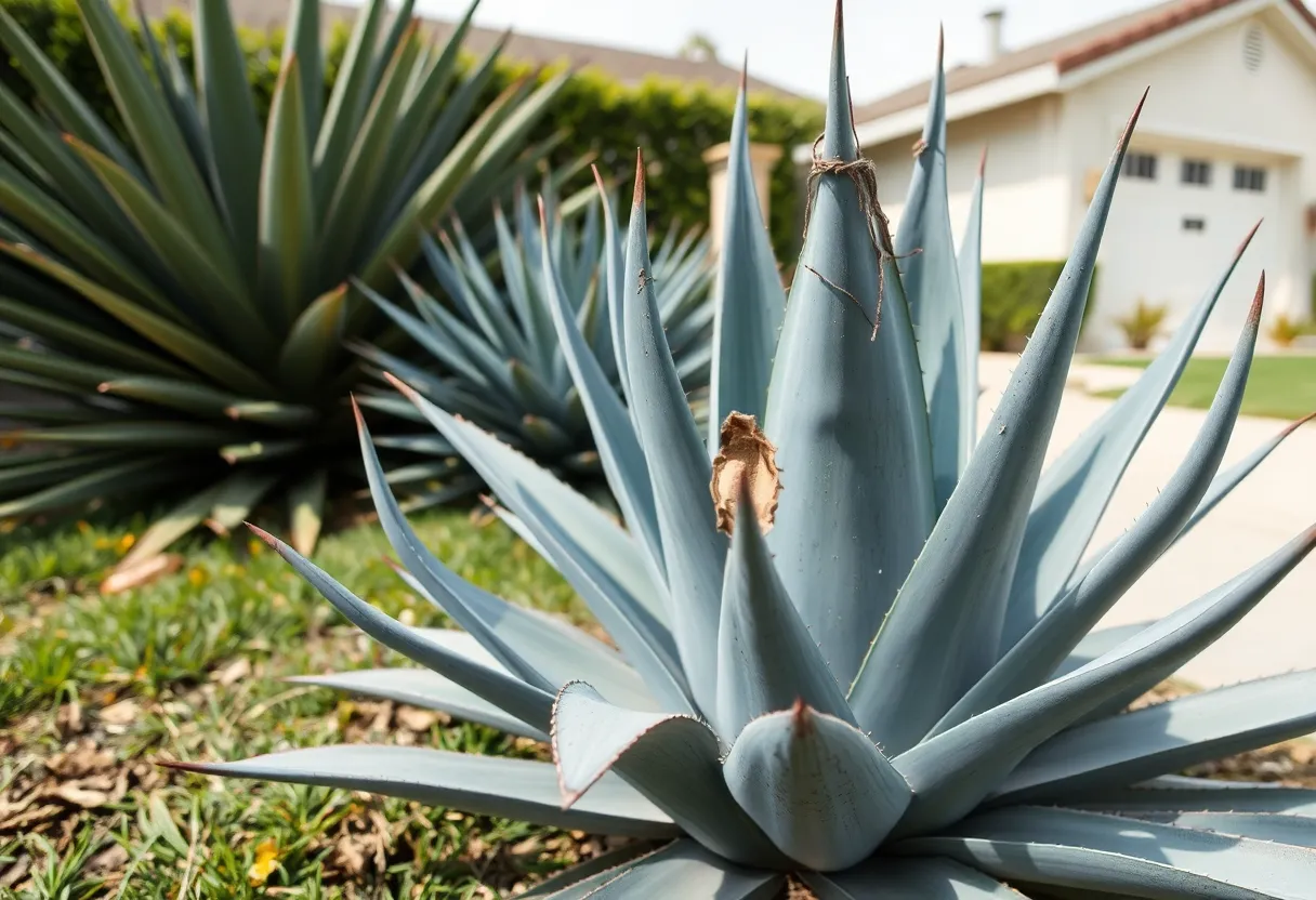 Mutilated blue agave plants in a front yard.