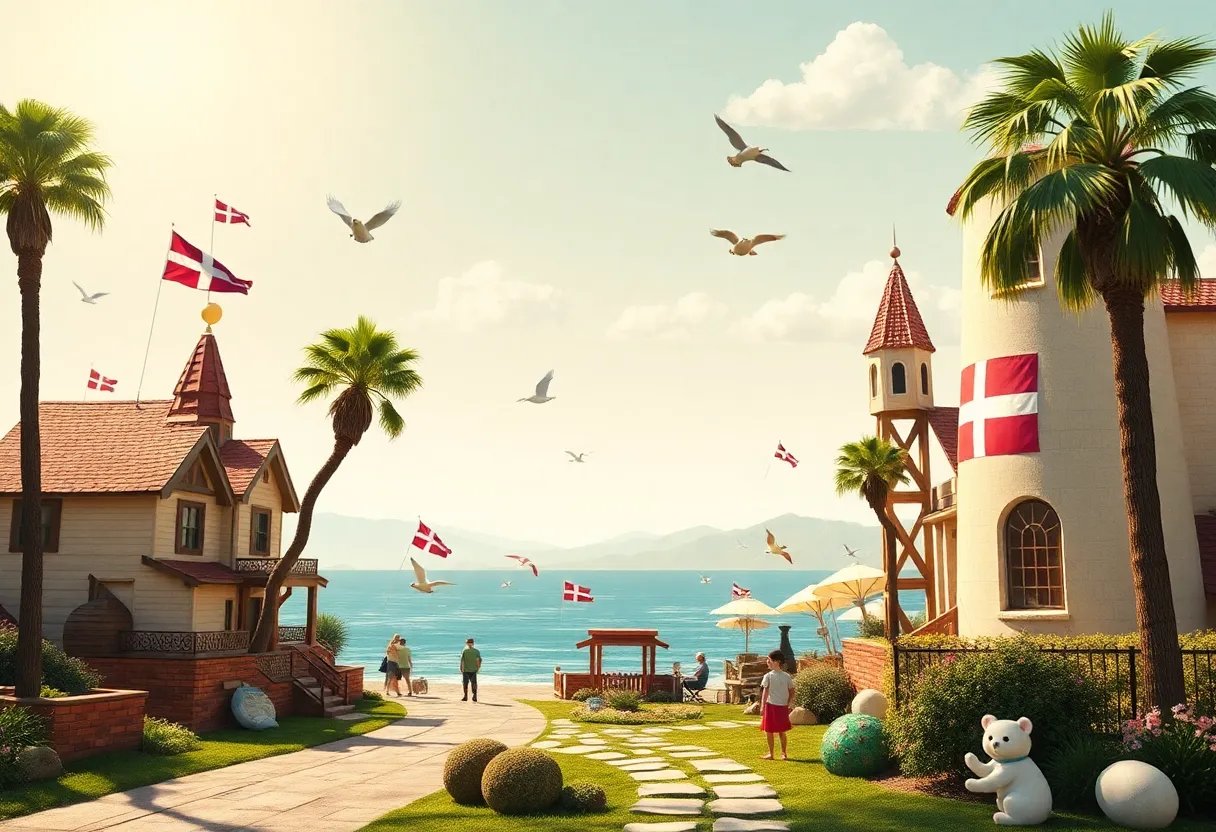 A playful artistic representation of California rebranded with Danish cultural elements.