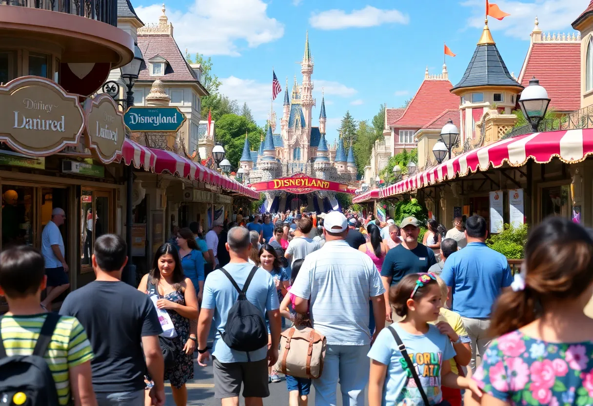Families enjoying attractions at Disneyland with visible safety signs.