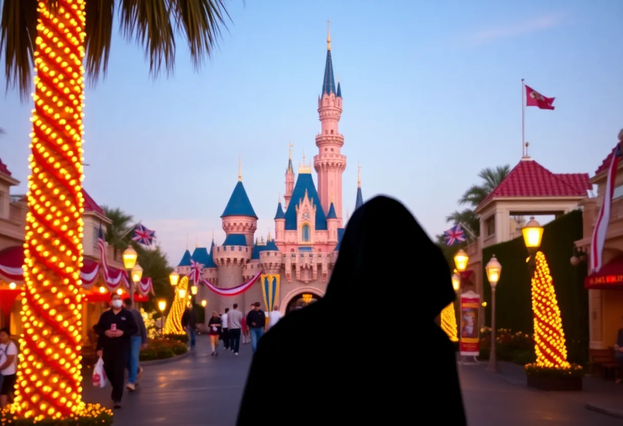 Vibrant scene at Disneyland with an ominous shadowy figure.