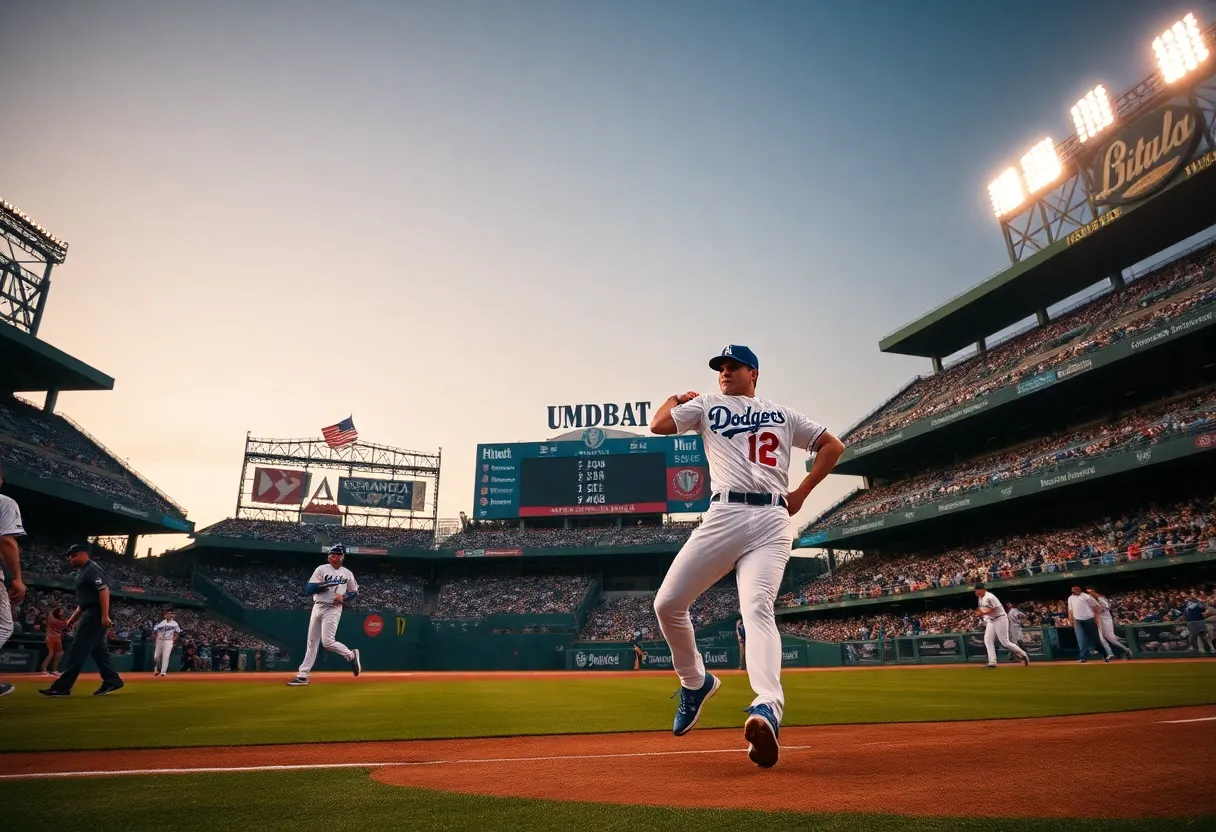 Los Angeles Dodgers playing a baseball game in a packed stadium