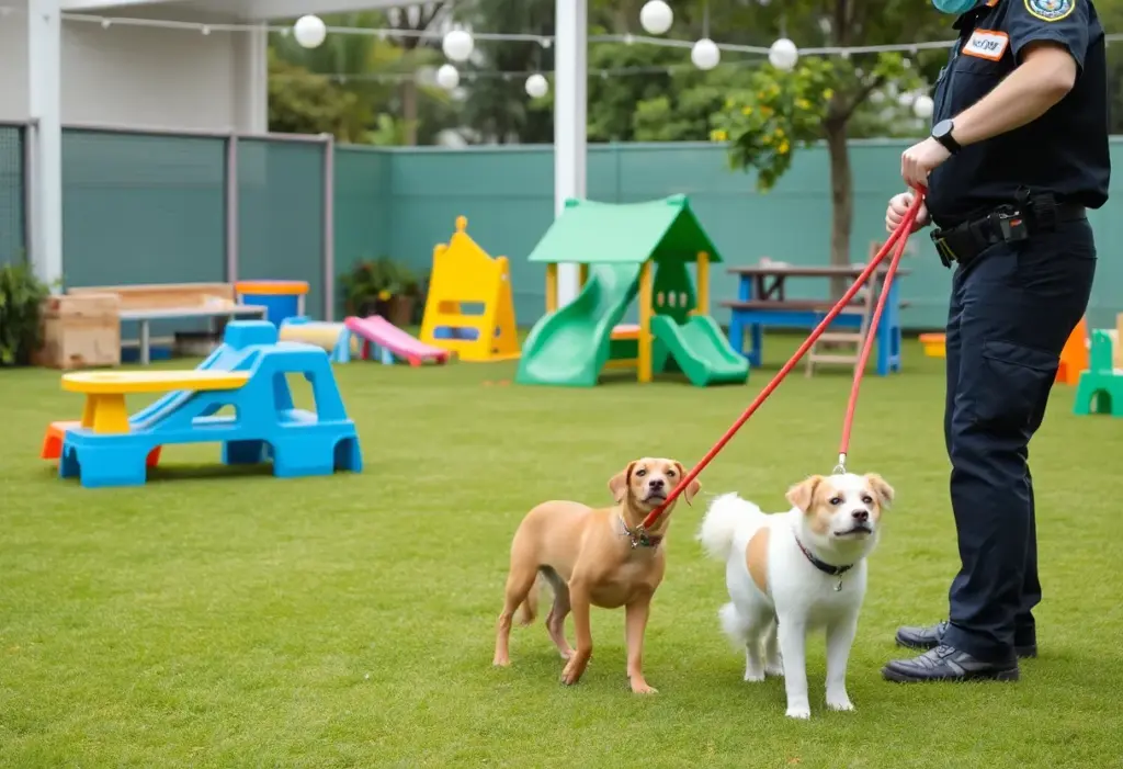 Animal control officers managing a dog in a play yard