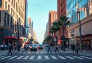 Street scene in downtown Los Angeles with pedestrians and local businesses.