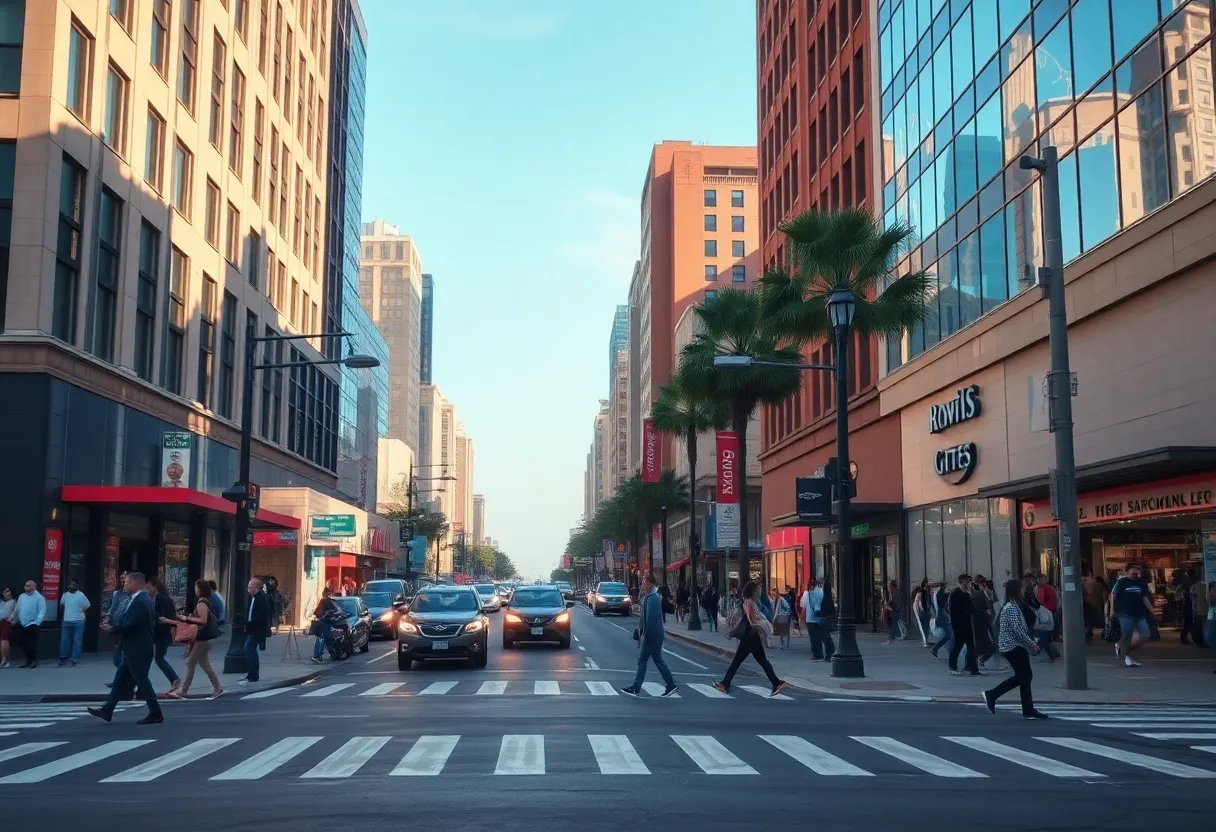 Street scene in downtown Los Angeles with pedestrians and local businesses.
