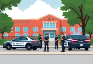 Illustration of police and federal agents outside a school