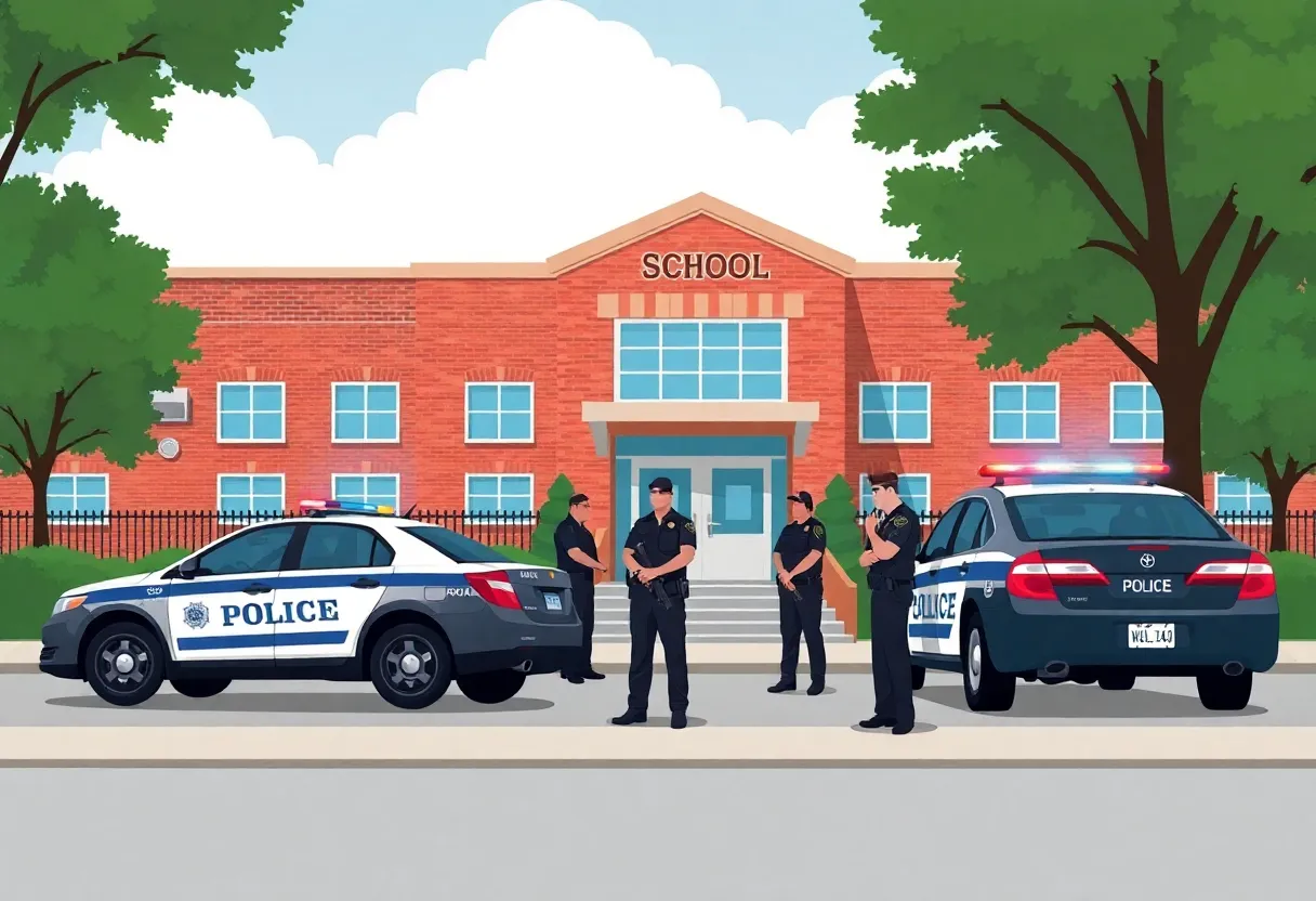 Illustration of police and federal agents outside a school