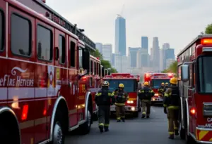 Firefighters responding to an emergency call in Los Angeles with city skyline in the background.