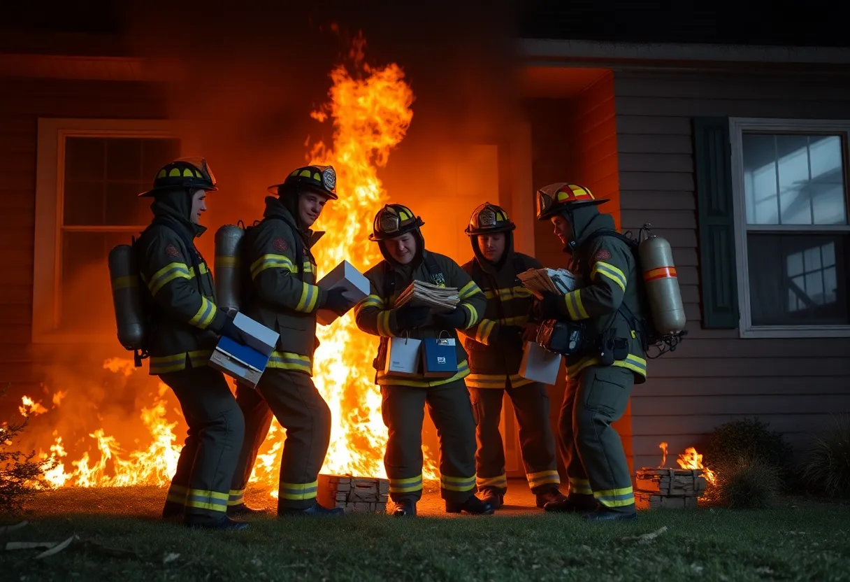 Firefighters saving keepsakes from a house fire