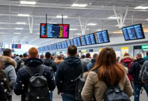 Passengers waiting at LAX airport amid flight delays due to a winter storm.