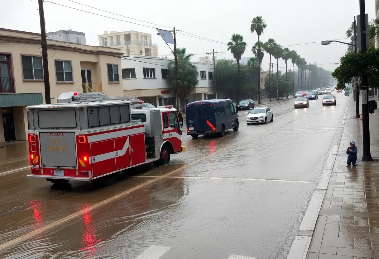 Streets of Los Angeles submerged in water due to heavy rainfall.