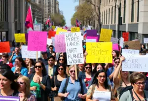 Large group of protesters with signs during the Free America Walkout