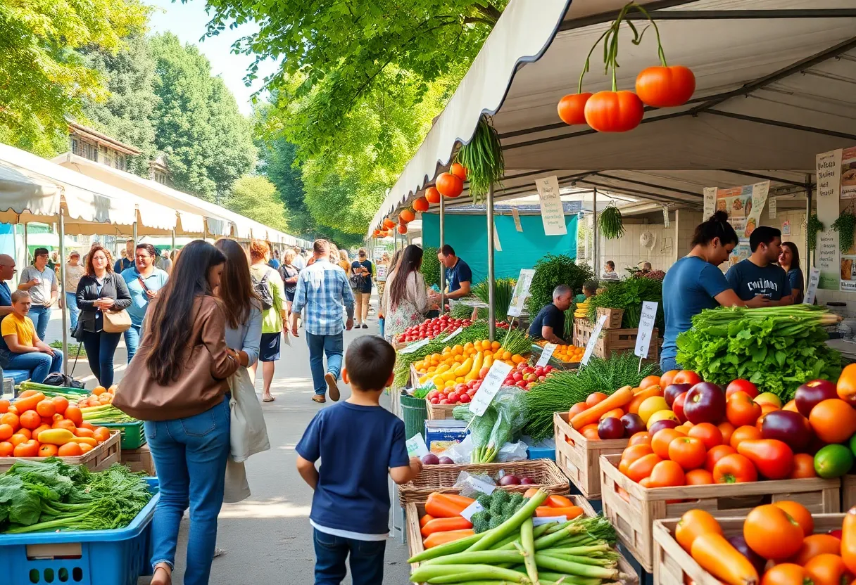 Community members at a free farmers market in Boyle Heights with fresh produce