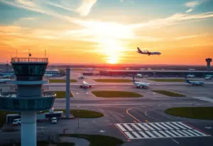 Overview of Hollywood Burbank Airport with traffic control tower