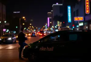Nighttime scene in Hollywood featuring a ride-hail vehicle