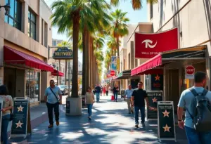 Overview of the Hollywood Walk of Fame with stars embedded in the sidewalks and nearby businesses.