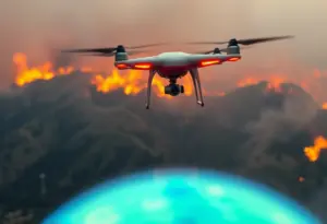 Firefighters utilizing drones and thermal imaging during a wildfire response