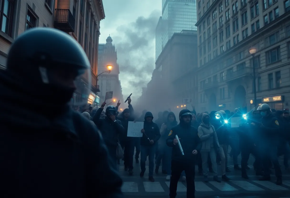 Scene of protests with police presence due to civil unrest