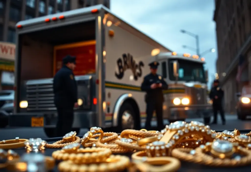 Scene of a jewelry heist with a Brinks truck and luxury jewelery