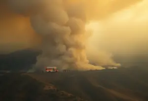 Aerial view of the Kenneth Fire burning in West Hills, Los Angeles County