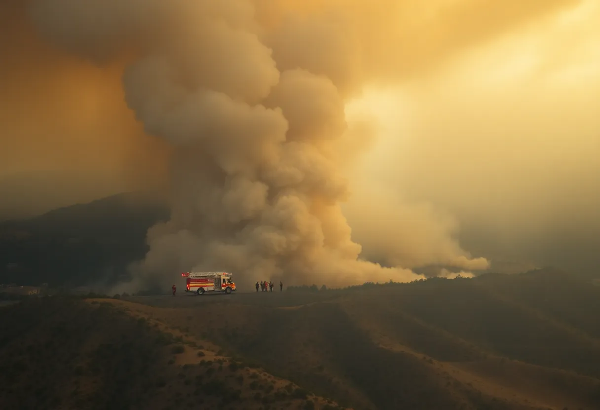 Aerial view of the Kenneth Fire burning in West Hills, Los Angeles County