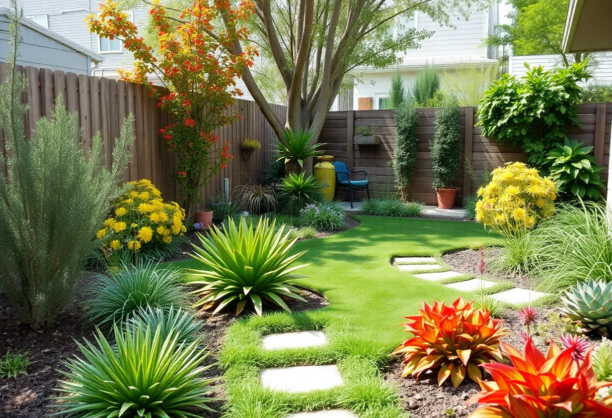 A backyard in Los Angeles after a successful DIY turf replacement project with drought-tolerant plants.