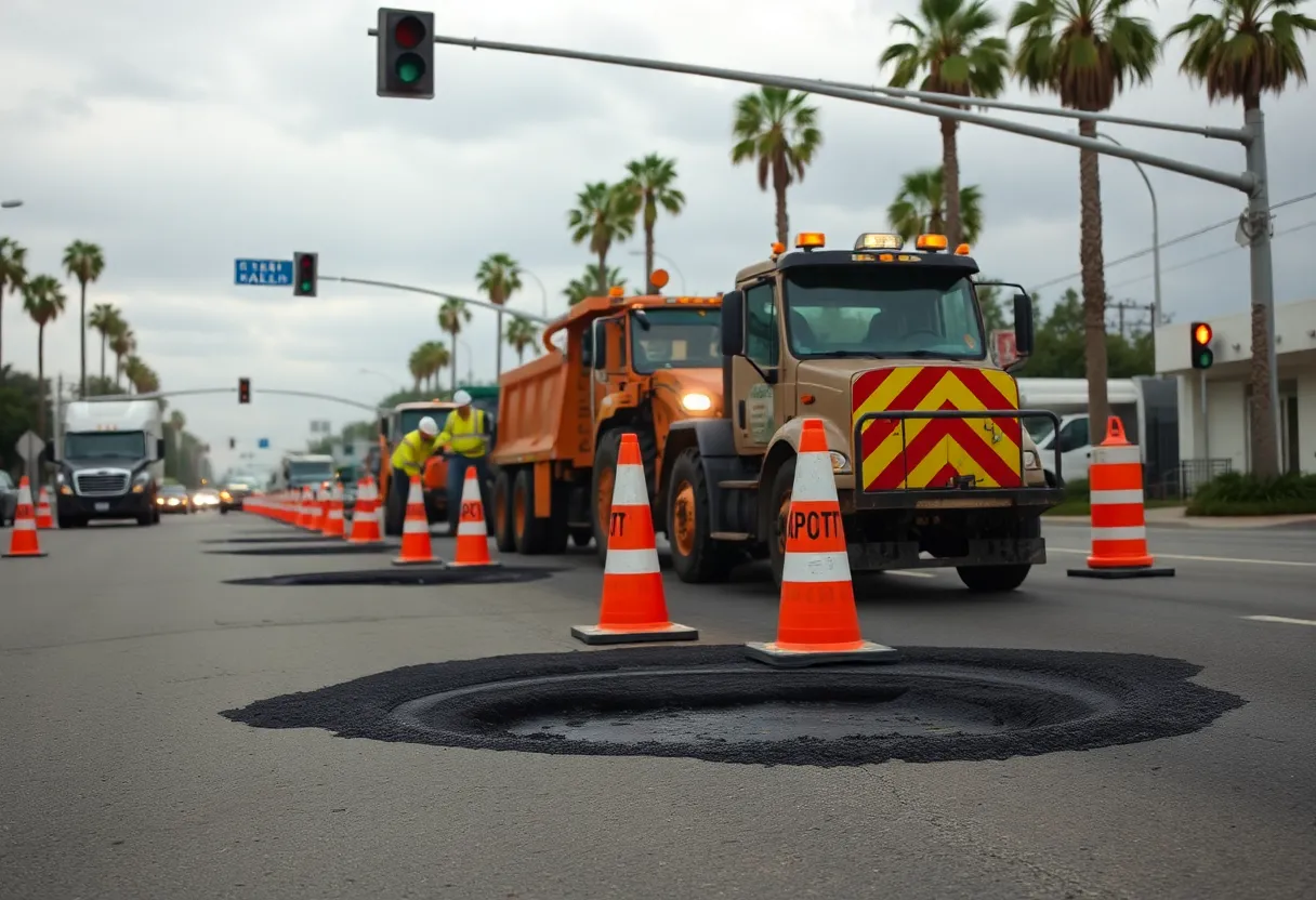Road crews repairing potholes in Los Angeles