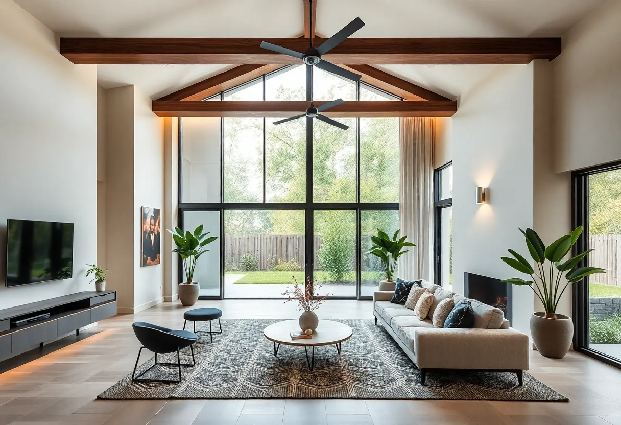 Interior of a modern home with biophilic design and bold colors