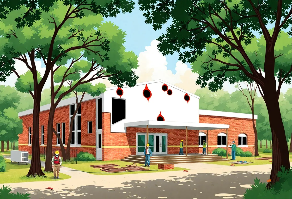 An animated rendering of a new school building designed for sustainability and fire resistance.