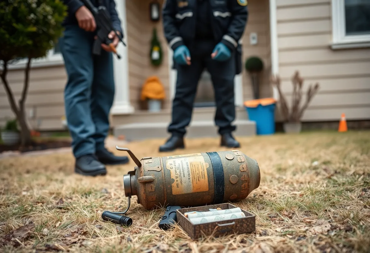 Law enforcement officials inspecting a homemade explosive device