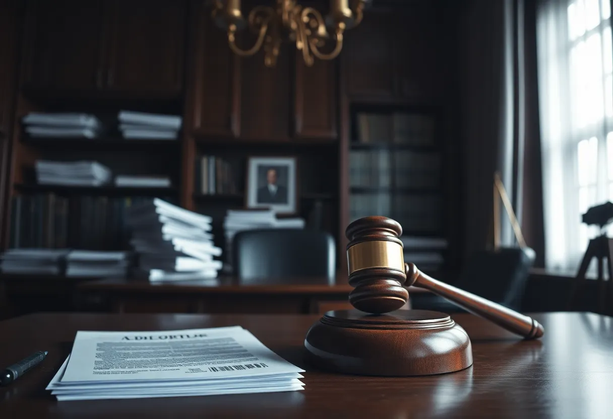 An image depicting a legal office environment filled with legal documents and a gavel.