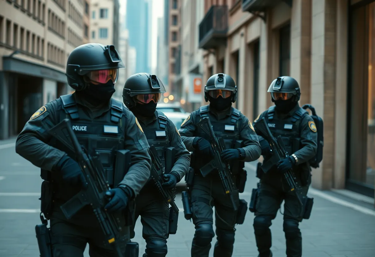 Law enforcement officers arresting bombing plot suspects in Los Angeles.