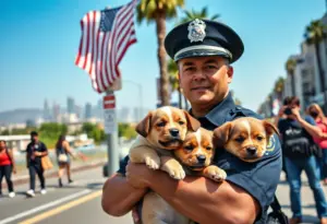 A police officer with rescued puppies in a bustling Los Angeles street