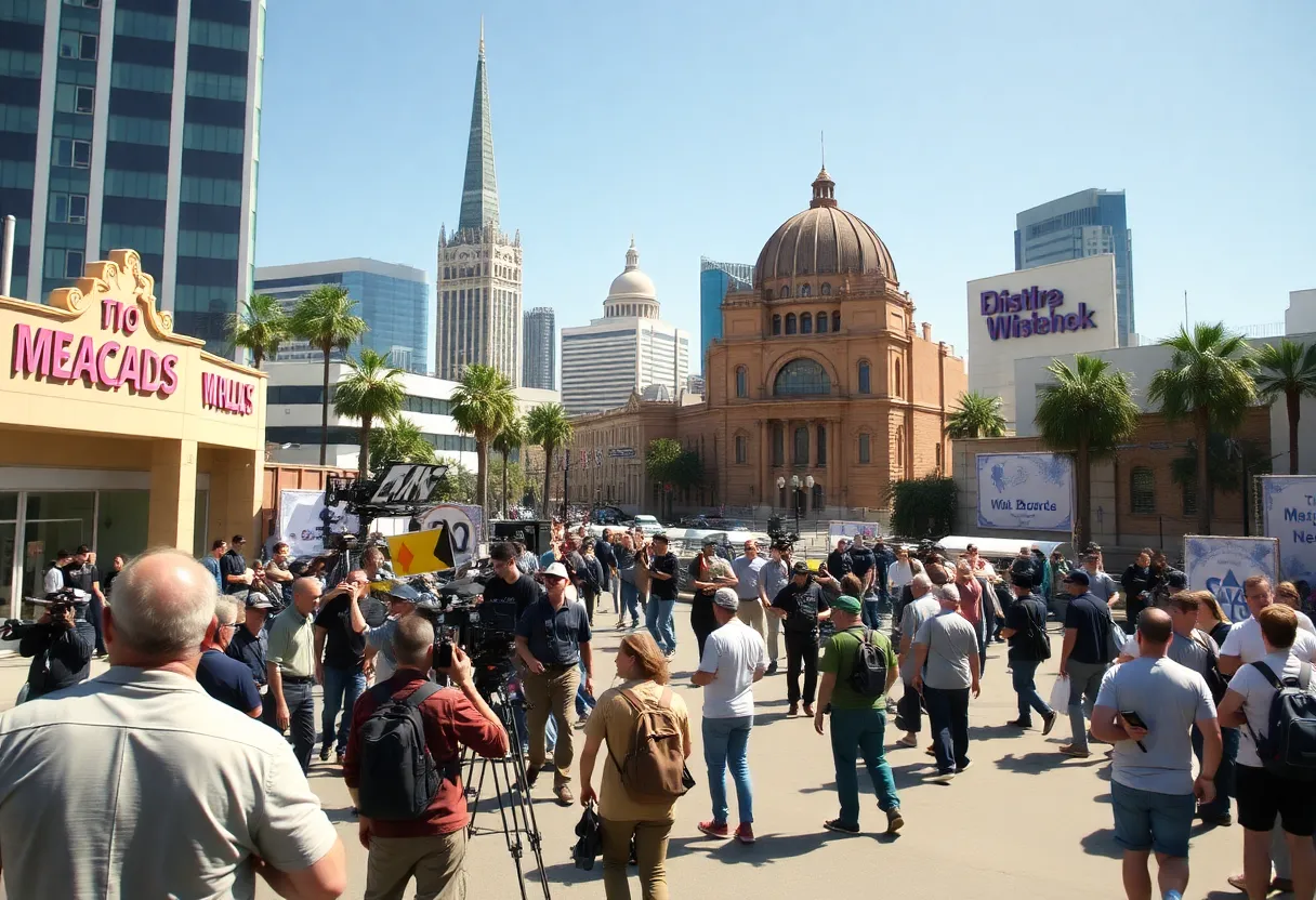 Film crew working on a location in Los Angeles