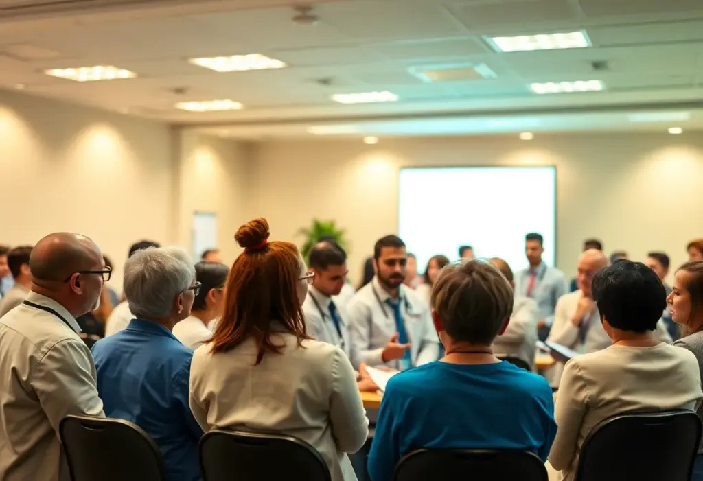 Healthcare professionals engaging in discussions at an event in Los Angeles.