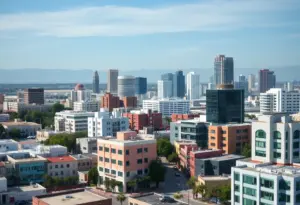 Los Angeles cityscape depicting healthcare facilities and diverse community interactions.