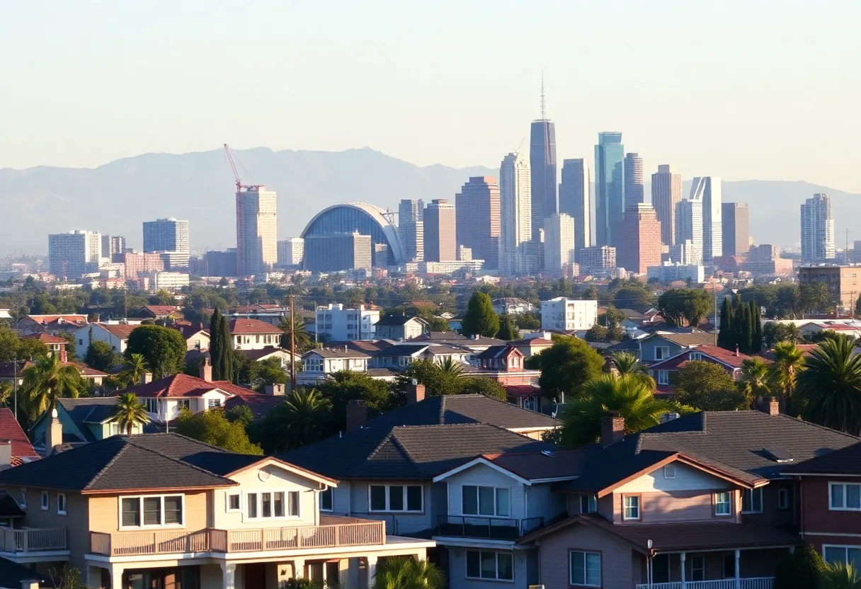Skyline of Los Angeles with residential homes, representing home buying.