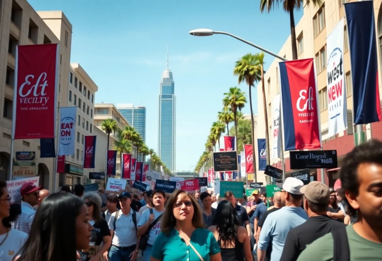 Vibrant political rally in Los Angeles with campaign signs