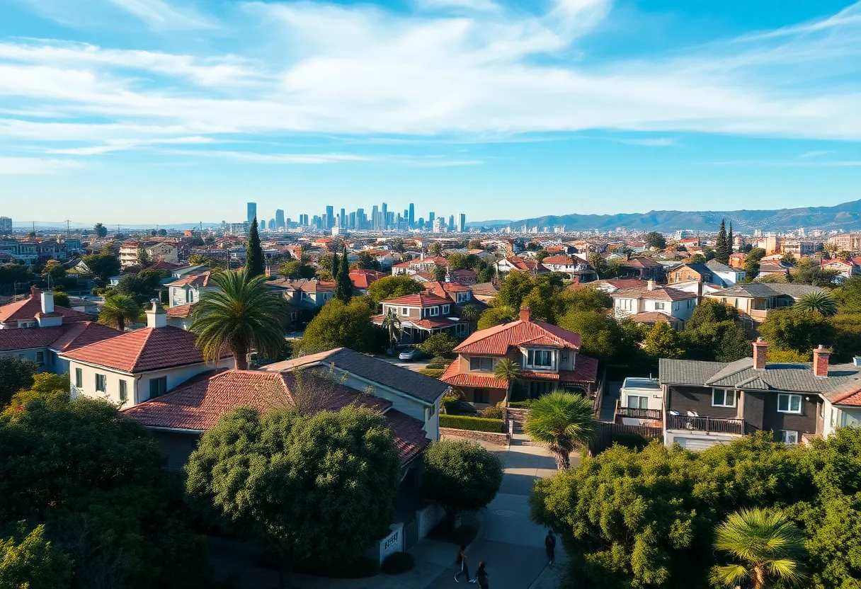 A vibrant neighborhood in Los Angeles with modern homes and green landscaping