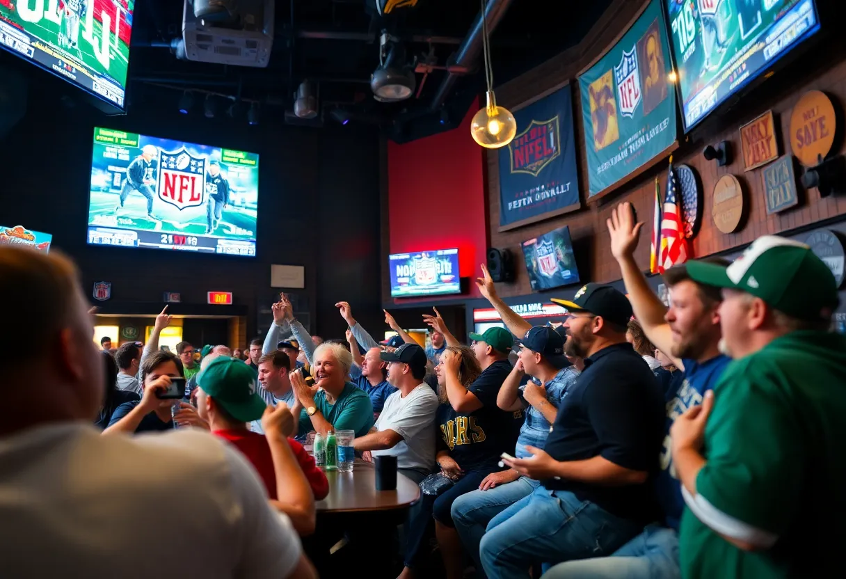Fans celebrating at a sports bar during NFL Wild Card Playoffs in Los Angeles.