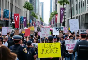 Crowds in Los Angeles holding protest signs advocating for justice