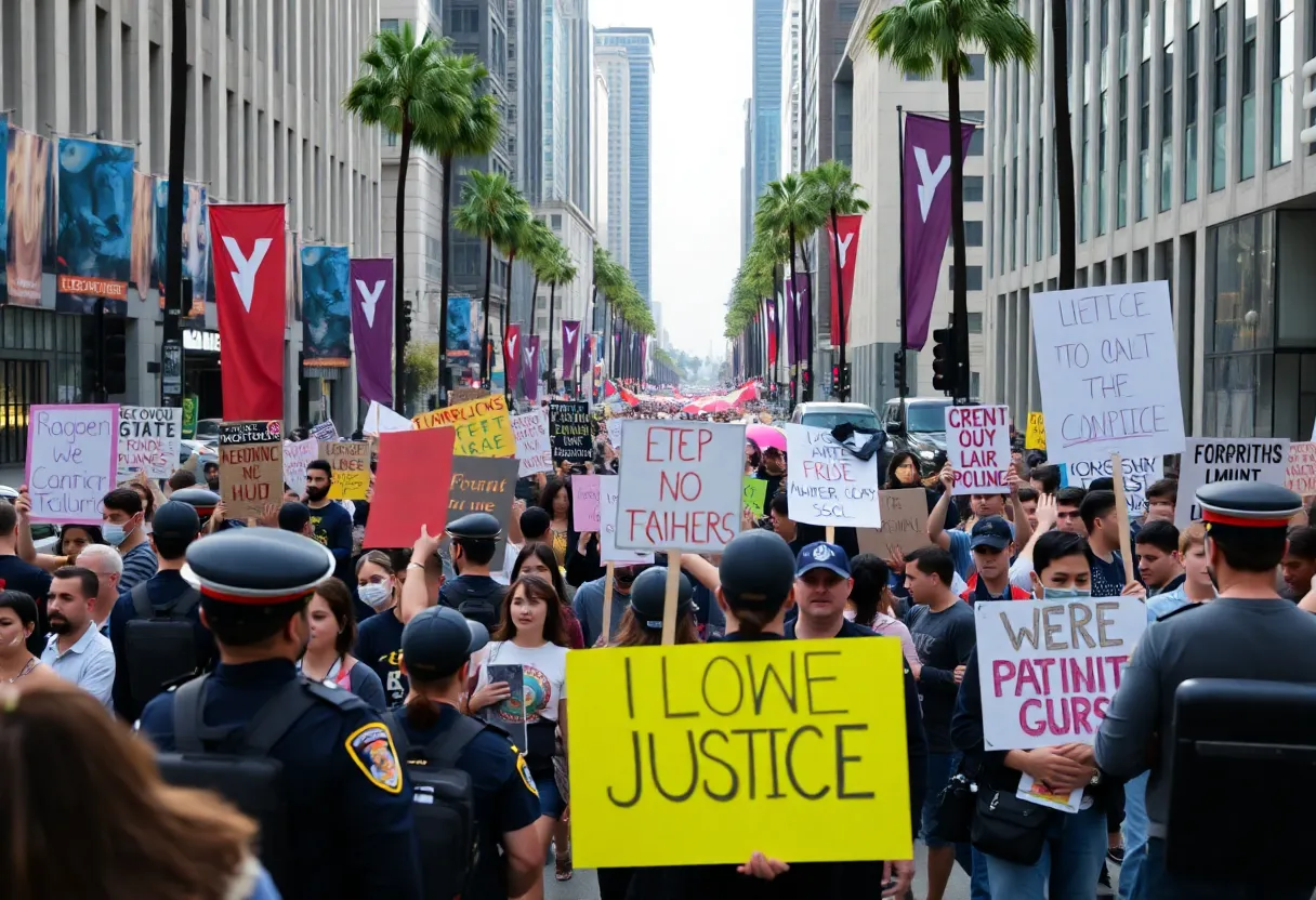 Crowds in Los Angeles holding protest signs advocating for justice