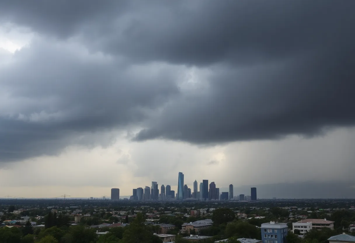 Storm clouds over Los Angeles with a focus on community preparedness