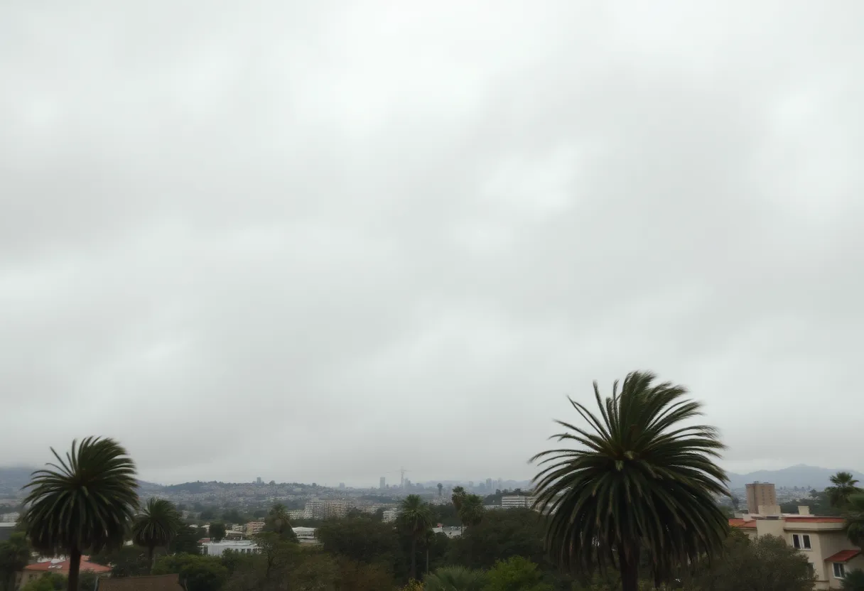 Los Angeles landscape affected by strong winds with overcast skies