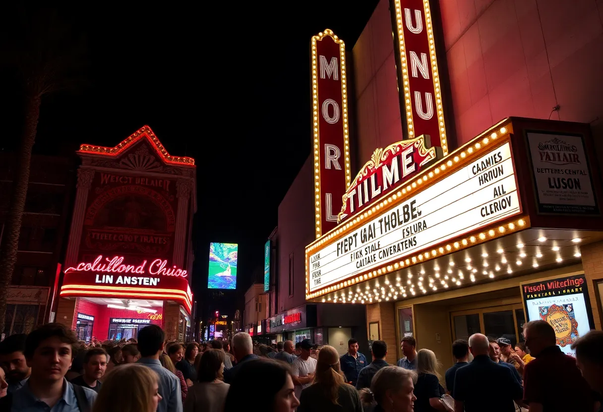 A vibrant Los Angeles theater with a marquee displaying classic and contemporary films