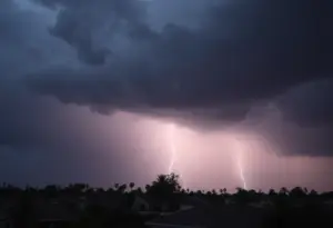 A severe thunderstorm in Los Angeles with dark clouds and rain.