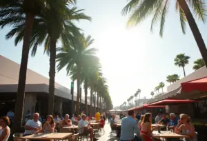 People enjoying the warm weather in Los Angeles with palm trees and sunshine.