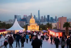 A collage of weekend events in Los Angeles, including ice skating and concerts.