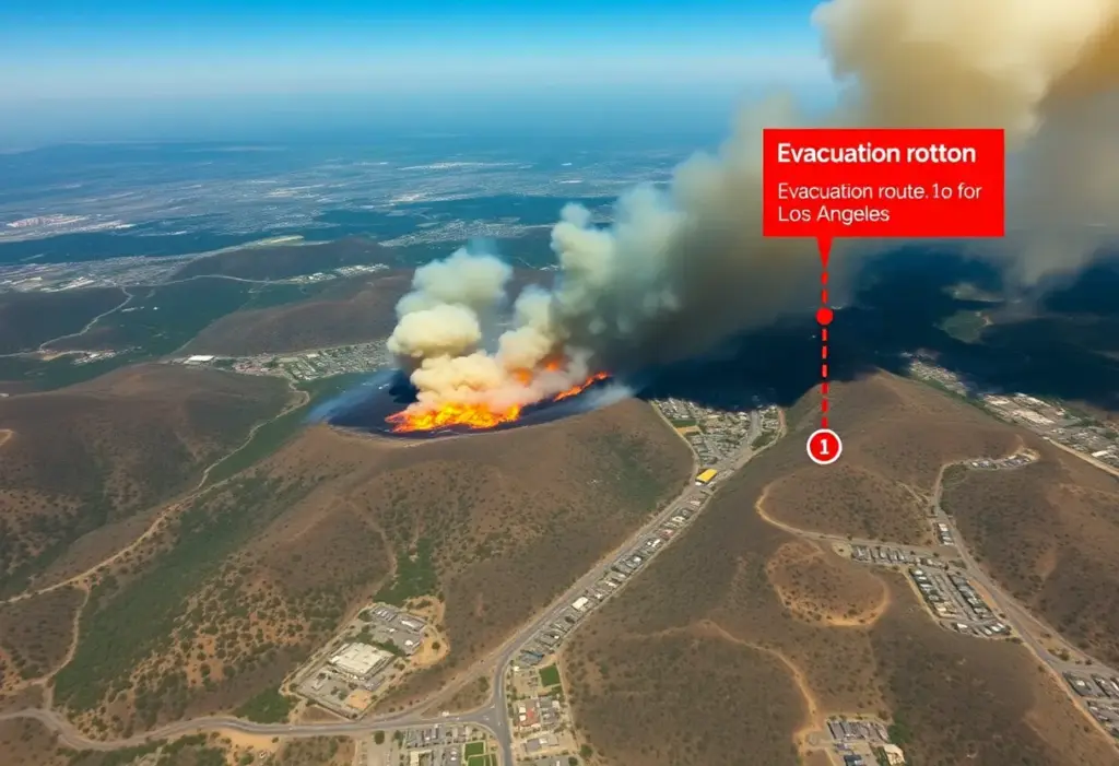 Aerial view of a wildfire in Los Angeles County with smoke and nearby evacuation routes
