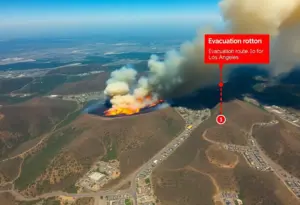 Aerial view of a wildfire in Los Angeles County with smoke and nearby evacuation routes