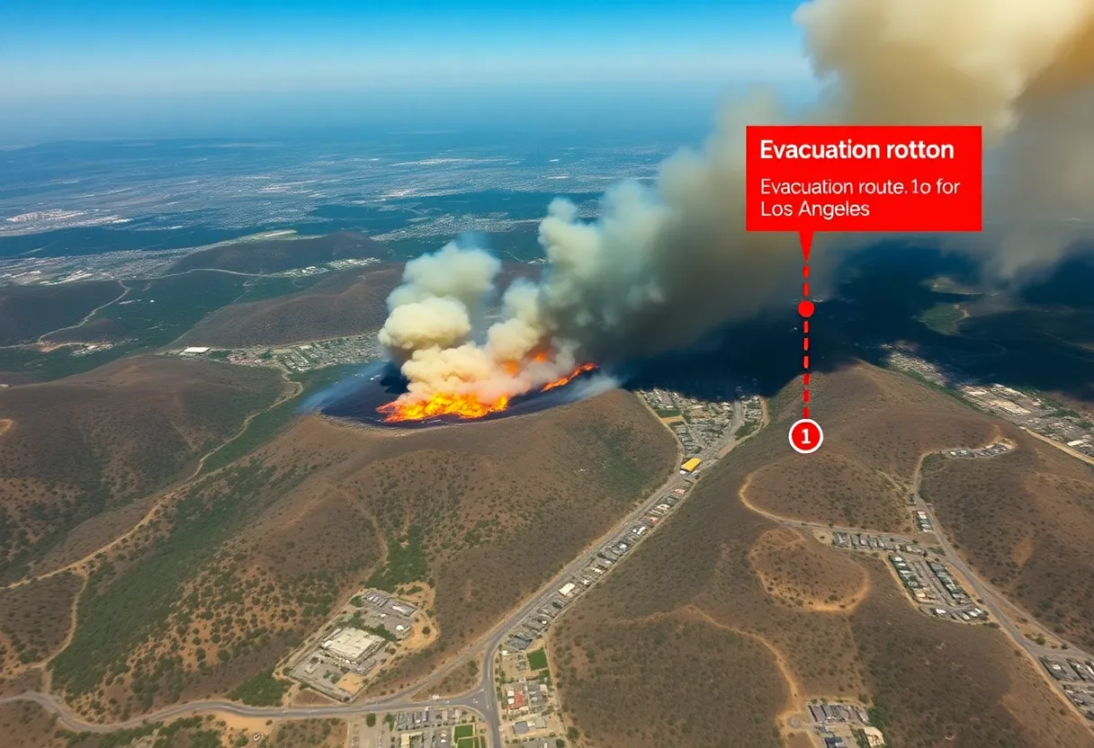 Aerial view of a wildfire in Los Angeles County with smoke and nearby evacuation routes